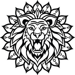 Roaring lion mandala art with symmetrical design