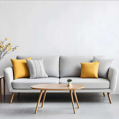 Light gray fabric sofa with wooden legs and coffee table white wall background natural light soft tones simple style decoration clean lines minimalist design modern
