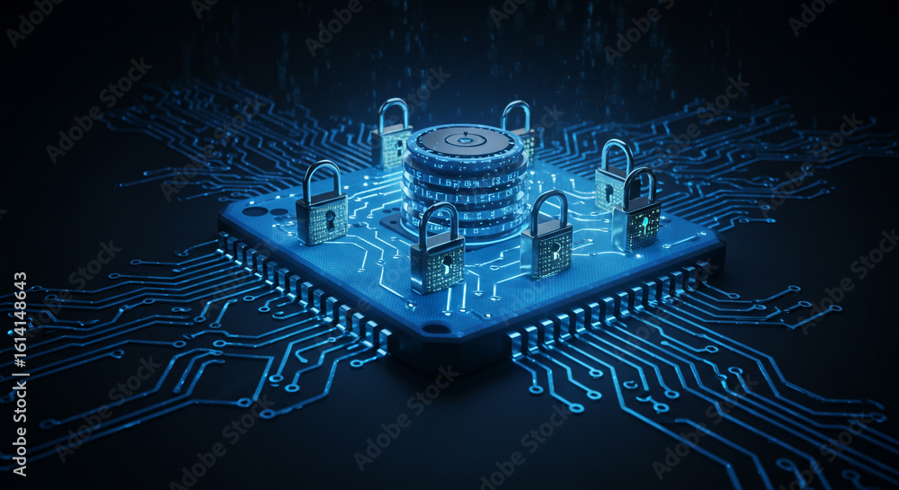 Poster a digital security concept showing padlocks surrounding a data stack on a circuit board in blue
