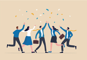 Employee, organization or company worker, team or teamwork success together, staff partnership or community concept, success businessman, businesswoman colleague high five for winning celebration. 