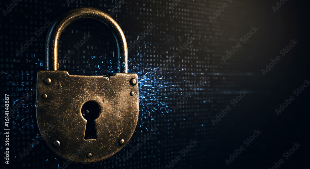 Poster a close up of a metal padlock with a keyhole against a digital background with binary code symbols