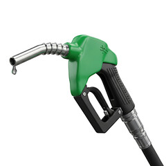 A green fuel pump nozzle with a drop of liquid