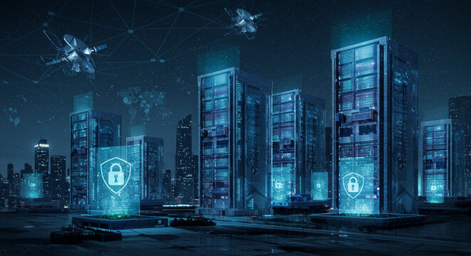 Futuristic city skyline with data servers and security icons under a dark blue and teal color scheme