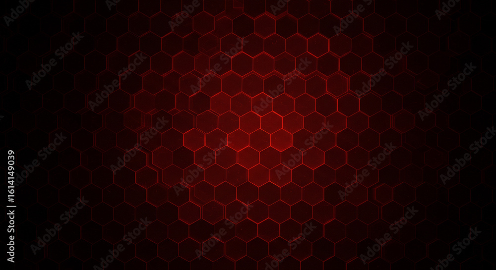 Poster a dark red background featuring a pattern of interconnected hexagons creating a textured surface