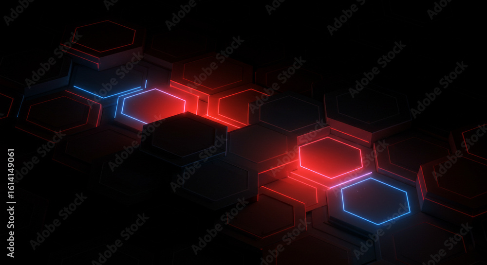 Poster illuminated hexagons in red and blue neon lights on a dark background creating a futuristic scene