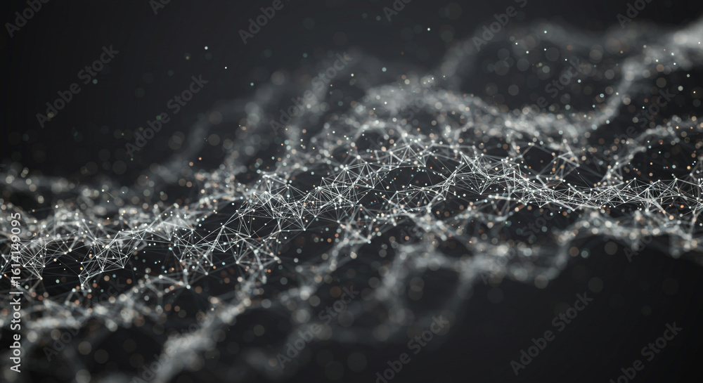 Poster abstract network with white lines and dots on a dark background showing connection and communication