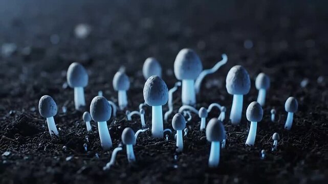 Small blueish mushrooms grow from dark soil some emitting thin white lightlike strands