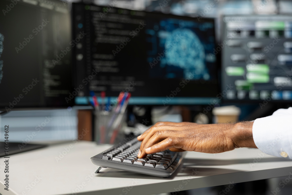 Poster close up of engineer setting up data center equipment needed to run artificial intelligence and mach