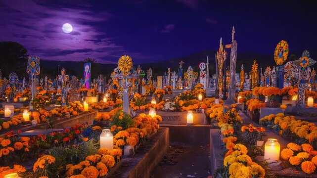 Decorated Cemetery on the Day of the Dead, in Mexico.