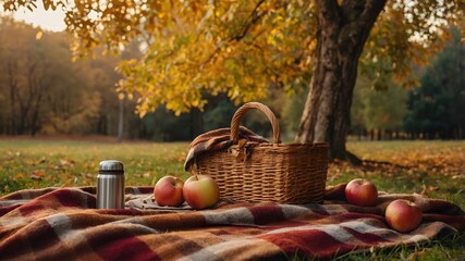 Escena de picnic otoñal bajo un árbol con cesta, manzanas y manta a rayas
