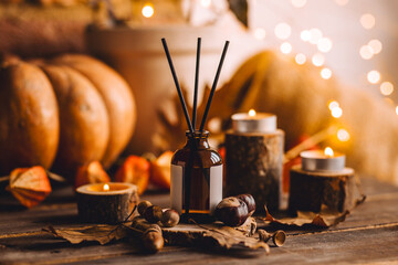 Aroma candle, reed diffusor on wooden table with cozy autumn still life with pumpkins, knitted woollen sweater, dry leaves. Seasonal home thanksgiving apartment decor. Cozy fall mood. Halloween