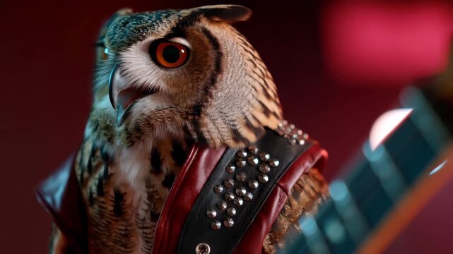 Majestic owl perched on guitar neck with red ambient lighting