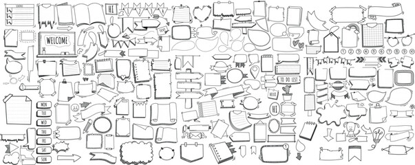 hand drawn doodle vector elements message, label, frame, banner, sign, ribbon, arrow, note for decorative, comic, diary and planner.