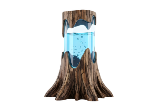 Decorative lava lamp with swirling blue liquid and tree bark design isolated on transparent background