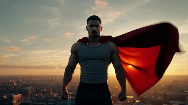 muscular man with red cloak posing like superhero on the building roof in big city on sunset. Powerful hero guy.