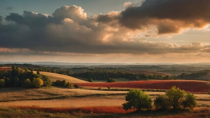 Paisaje oto&ntilde;al con campos iluminados al atardecer y cielo nublado
