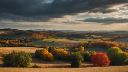 Paisaje oto&ntilde;al con &aacute;rbol rojo destacado y cielo nublado