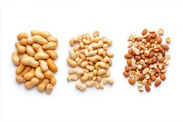 Peanut halves and kernels mix displayed against a clean white background showcasing various varieties and textures for culinary use and nutrition