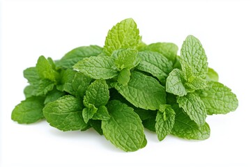 Fresh peppermint leaves arranged in a vibrant pile on a clean white background showcasing their rich green color and natural texture
