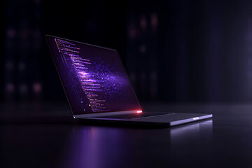 technology visualization, laptop screen displays data streams and code overlays, providing a sharp, modern tech visualization