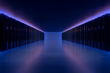 tech environment, server room with serene blue hues, blinking leds, and serene high-tech vibe