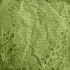 Old wrinkled crumpled green floral fabric paper, rough grunge texture, patterned texture background, vintage style wallpaper illustration vector design.