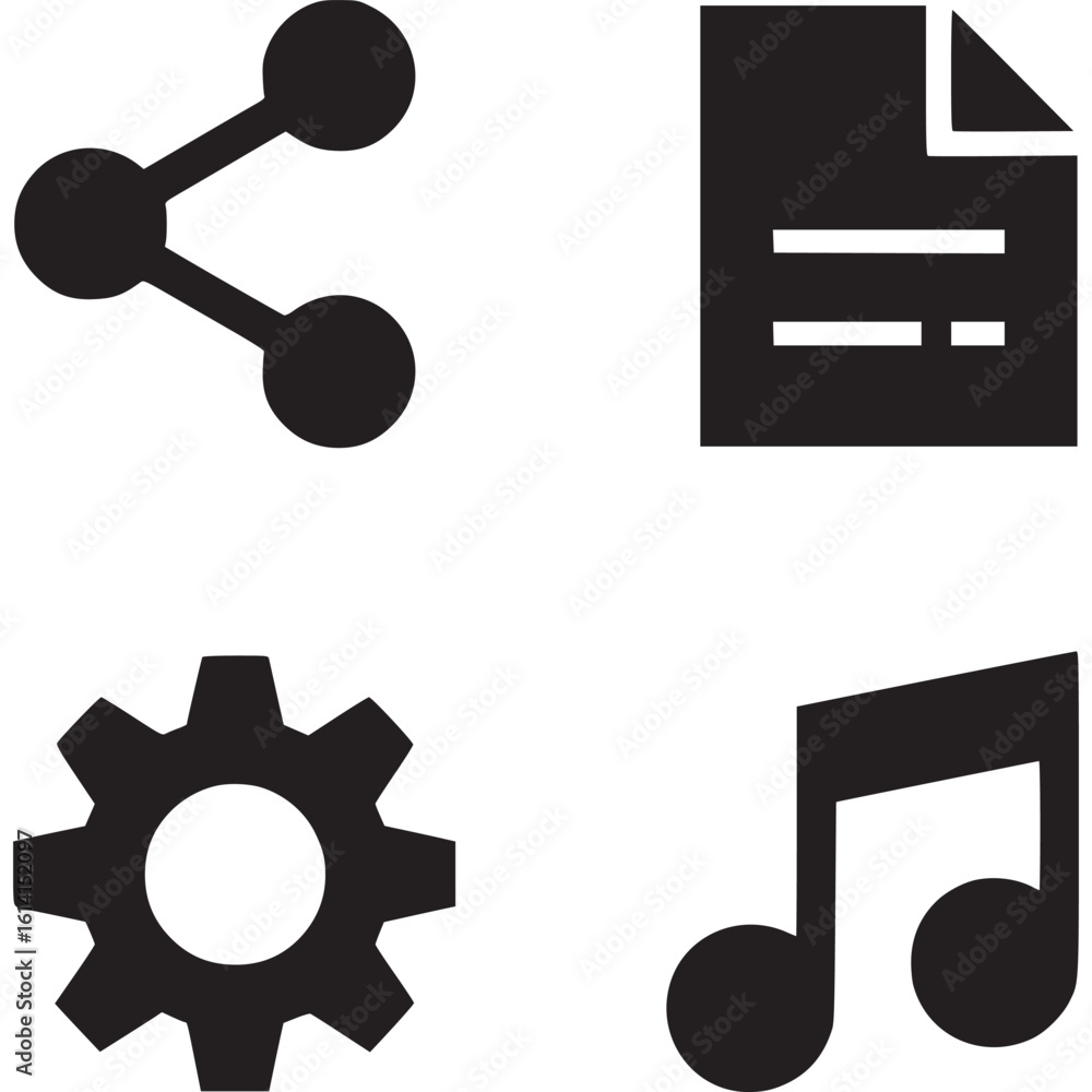 Poster a collection of four distinct black icons arranged on a white background in a square format image on