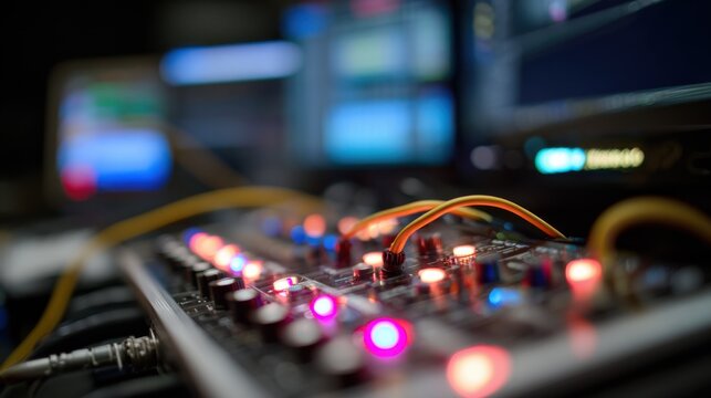 Closeup medium shot of a modular synthesizers patchbay interface cables plugged and glowing LEDs in sharp focus with blurred studio equipment and DAW screen in soft background.