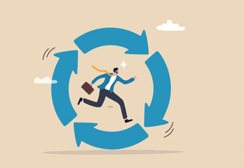Working habit, life cycle or daily routine behavior, agile development, discipline or working efficiency, procedure or process to success concept, businessman running on habit circle arrow diagram.
