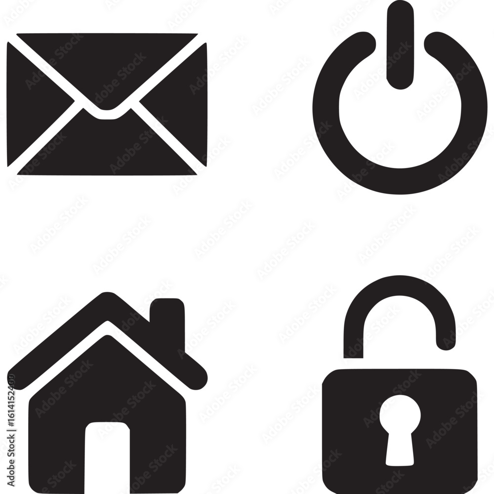 Aufkleber four basic icons in black and white including an envelope power home and lock symbol in a square for