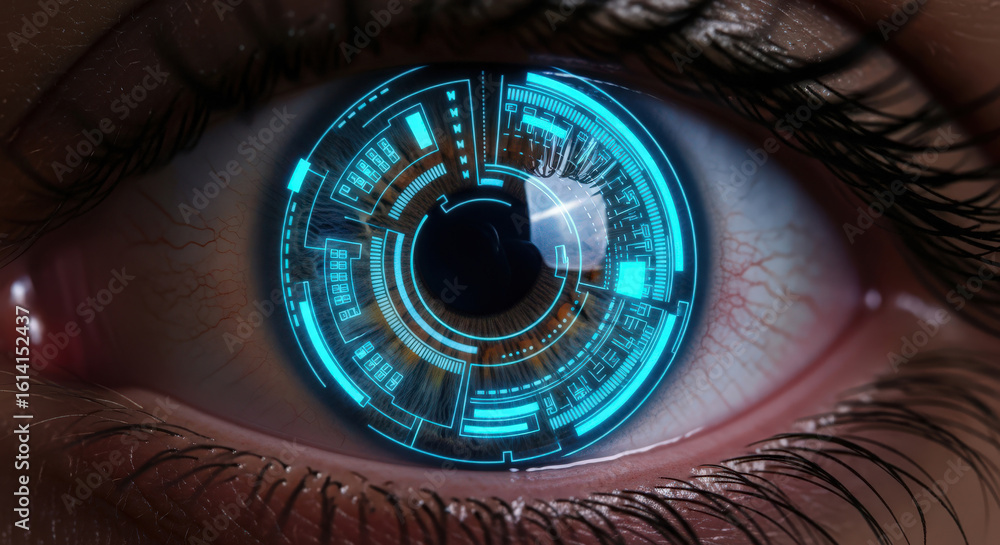 Poster close-up of a human eye with a futuristic digital interface overlay, symbolizing technological integ
