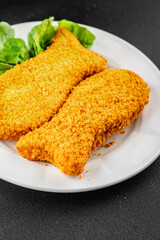 Fish sticks fishs shaped breaded fish nuggets fast food fresh delicious gourmet food background on the table rustic food top view copy space
