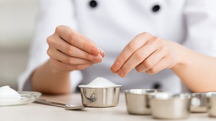 Chef's hands skillfully sprinkling sugar from a small bowl into a larger bowl, surrounded by various measuring cups, showcasing the art of baking and culinary precision