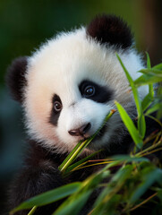 Fototapeta premium Panda cub nibbling bamboo leaf against blurred foliage background, photograph