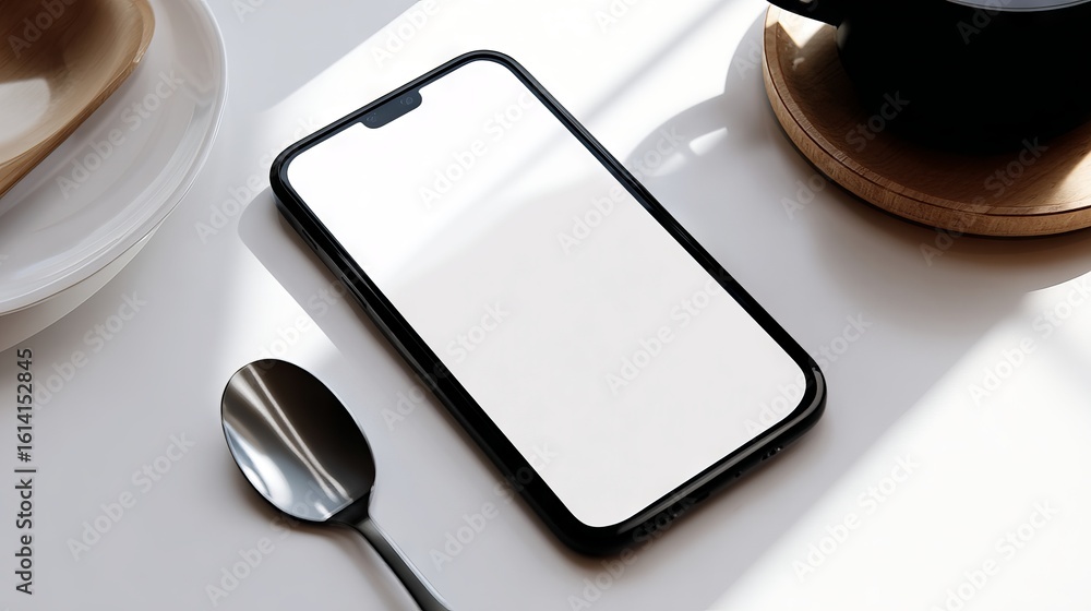 Poster smartphone mock up with blank screen placed on a minimalist table beside a spoon and a cup, showcasi