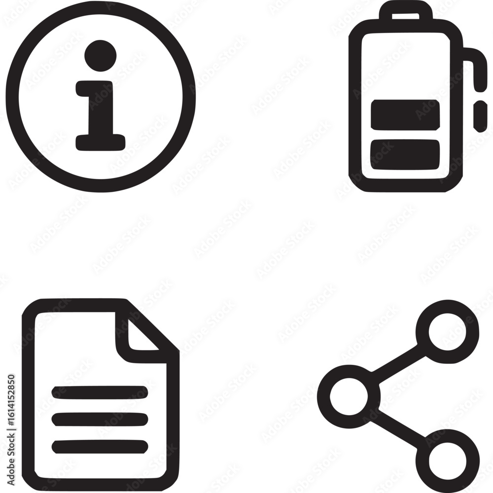 Poster a set of four different icons including information battery document and share on a white background