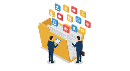 Businessmen organizing digital files in isometric folder with colorful social media icons