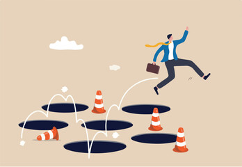 Avoid pitfall, adversity and brave to jump pass mistake or business failure, skill and creativity to solve problem concept, smart businessman jump pass many pitfalls to achieve business success.