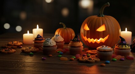 Decorative candles and candy enhance Halloween mood