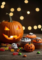 Bokeh lights twinkle above Halloween sweets and festive decor