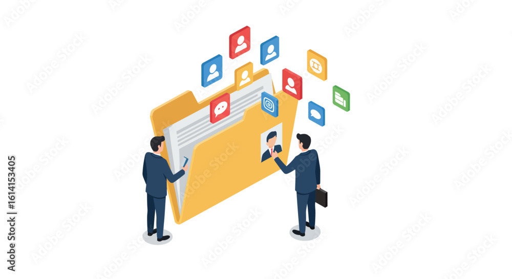 Poster collaborative teamwork concept with businessmen and digital file sharing in isometric design