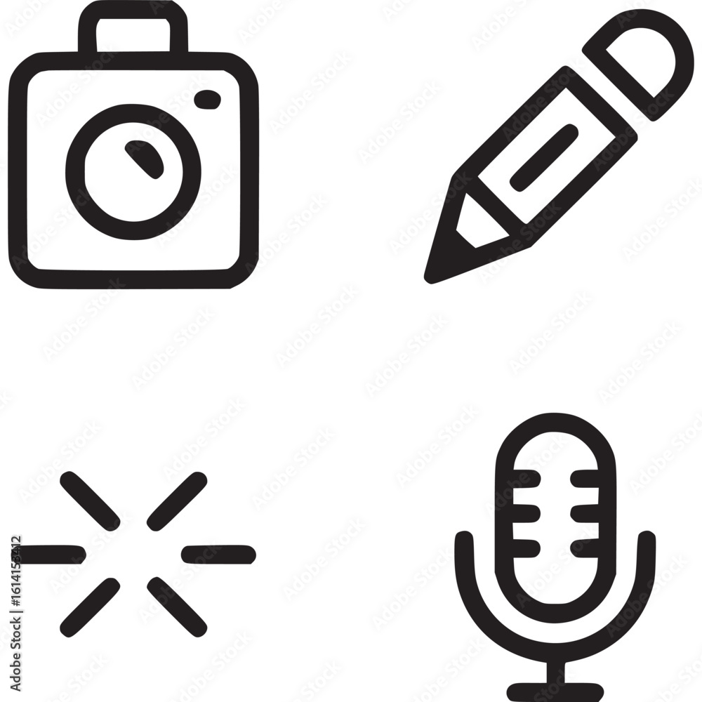 Poster a set of four minimalist icons featuring a camera pencil brightness and microphone on a light backgr