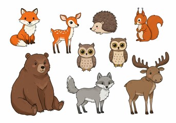 Cute cartoon forest animals vector illustration set for kids design and decor