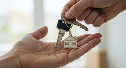 Hand of caucasian woman holding a key with house shape keychain. Real estate concept for home ownership or property purchase.