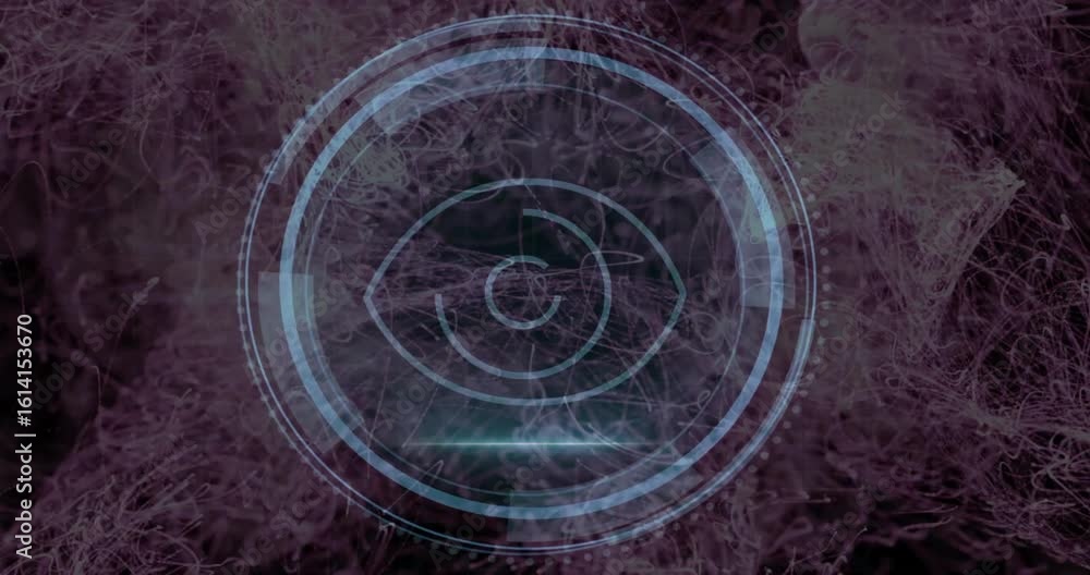 Poster on dark grid shield fading into purple streams forming rotating hud eye icon showing cybersecurity
