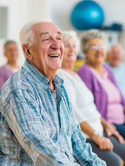 Laughing senior man in social setting with peers, photograph