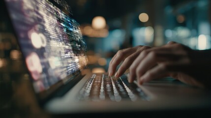 Closeup medium shot of a journalists hands typing on a laptop using cloudbased CMS with AI object recognition tags appearing on screen while the newsroom behind remains softly out