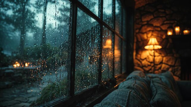 Cozy scene of a window with raindrops and a lamp in the room. The room is cozy and warm. Outside it is night and it is raining.