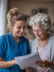 Caregiver embracing elderly woman with warm smiles, photograph