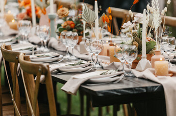 Event and catering agency organization modern wedding in boho style. Table for guests assembled...